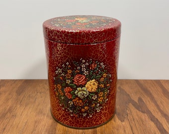 Vintage Daher Red Floral Tin Storage Container Red and Gold English Roses