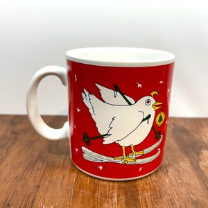 Vintage Taylor & Ng Joyous Noel Mug – Skiing Dove with Ornament – 1981 – Made in Japan – 12 oz Ceramic Coffee Cup
