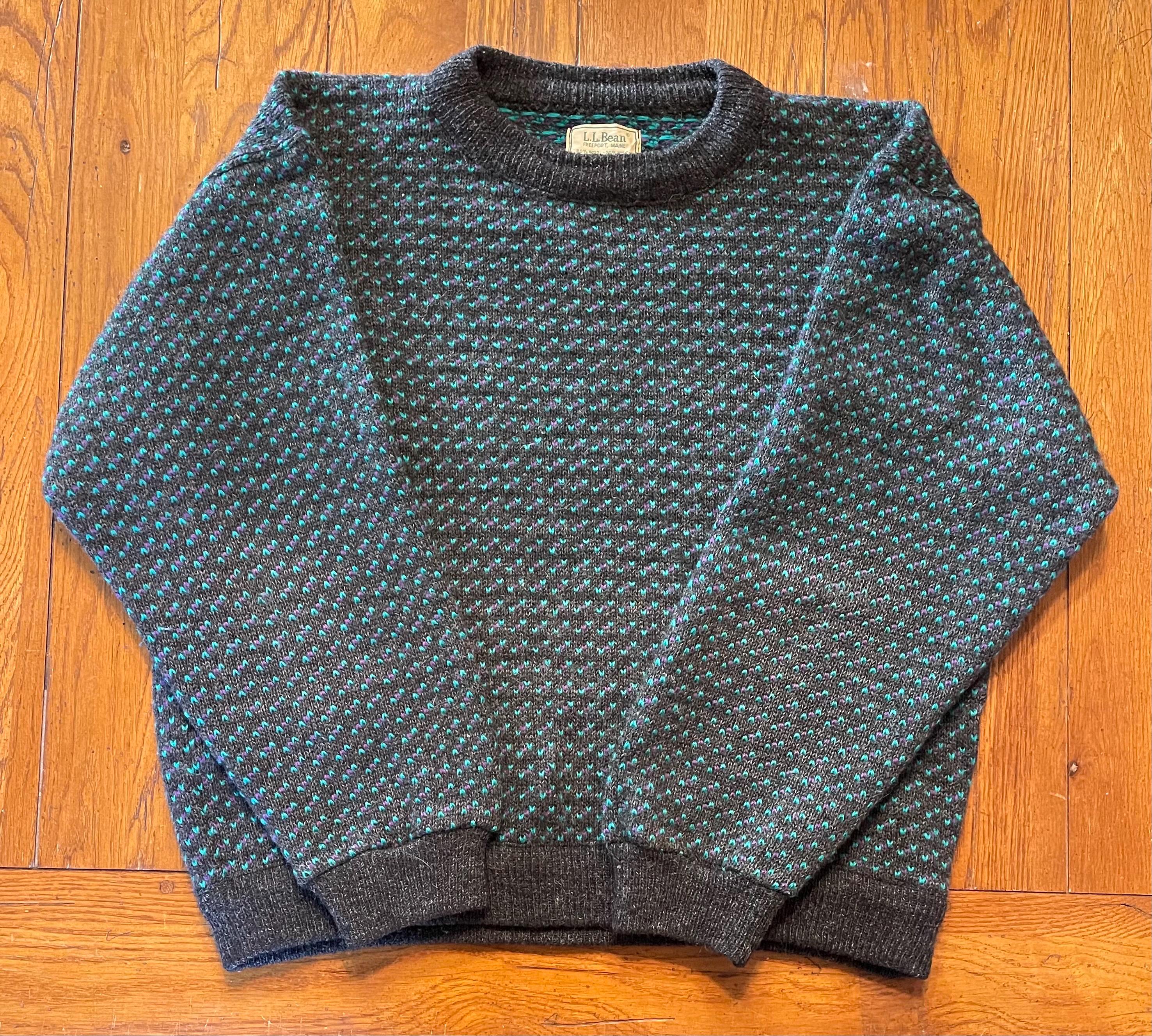 Vintage 1980s L.L. Bean Birds Eye Wool Sweater Mens Large Charcoal 