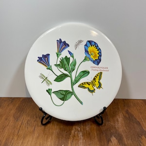 May include: A white, round decorative plate featuring a botanical illustration of blue and yellow flowers, a yellow butterfly, and a dragonfly. The plate has the text "CONVOLVULUS Trailing Bindweed". The plate is displayed on a black metal stand.