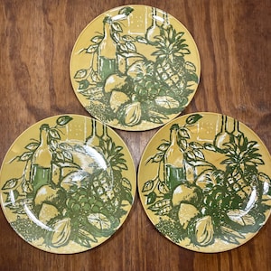Set of 3 Royal China Baccanale  Mid Century Ironstone Dinner Plates 10 Inch Gold and Avocado Green Still Life