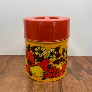 1970er Jahre Zinn Küchen Vorratsdose – Gelb Orange Braun Obst und Veggie Aufbewahrungsbehälter – Retro Metalldose