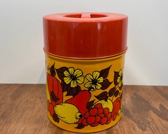 1970s Tin Kitchen Canister – Yellow Orange Brown Fruit and Veggie Storage Container – Retro Metal Jar