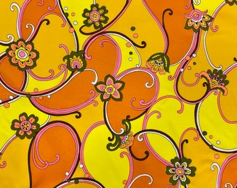 Années 1960 Mod Paisley Tissu 3,5 Yards Jaune Orange Rose Polyester Couture Yardage Mod Tissu Psychédélique