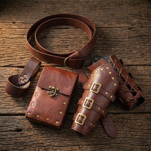 May include: A collection of brown leather accessories, including a belt, a small pouch with a clasp, and two arm bracers with gold-colored buckles and rivets. The items are arranged on a wooden surface.
