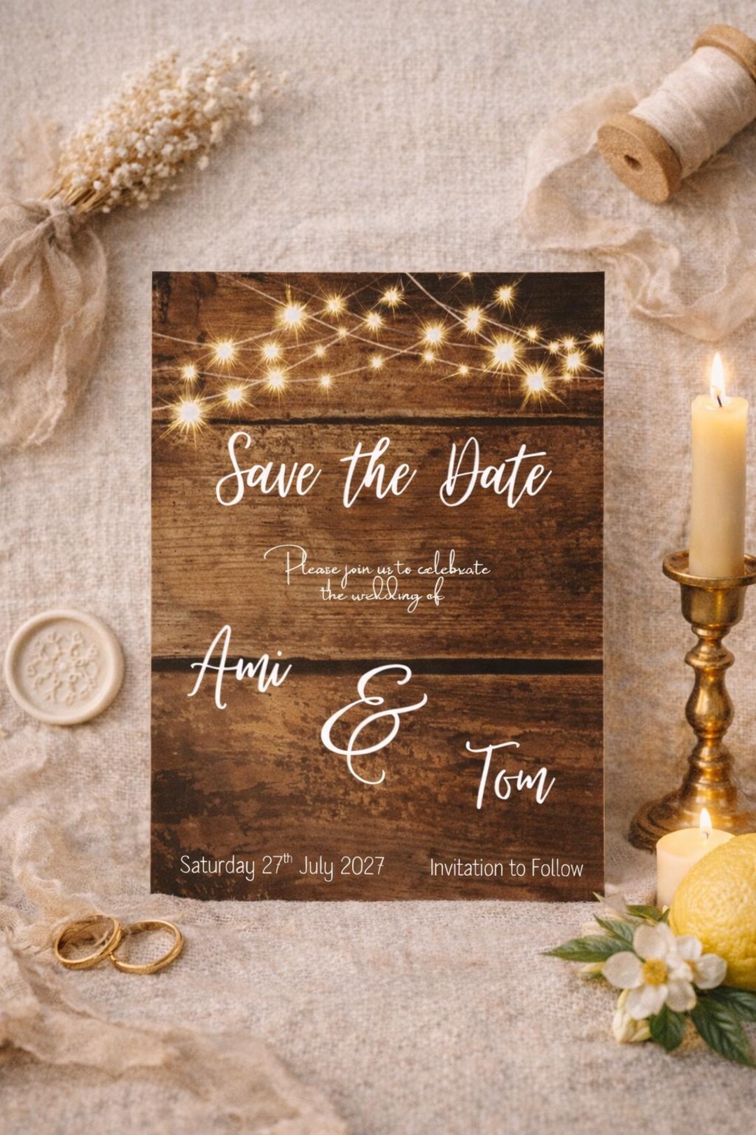 Rustic Barn Save the Date Template, String Lights Wedding Invitation ...