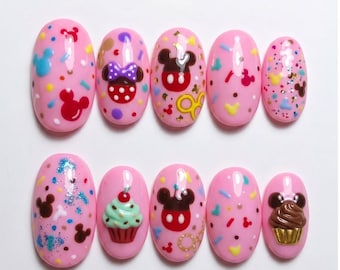 Presse Mickey Minnie rose | Petits gâteaux kawaii saupoudrer de faux ongles | Adorable colle personnalisée inspirée de Disney 3D sur les ongles