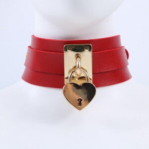 Red Heart Lock Collar with Padlock Charm, Wide Layered Leather Collar, Adjustable Statement Neck Collar, Handmade Fashion Accessory