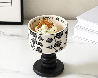 Black & White Rose Pedestal Candle Vessel, Ceramic Dessert Candle Jar, Vintage Floral Wax Container, DIY Candle Making Bowl, Farmhouse Decor