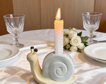 Snail Candle Holder, Ceramic Taper Candlestick, Kawaii Animal Decor, Spring Garden Aesthetic, Pastel Room Accent, Whimsical Pottery Gift