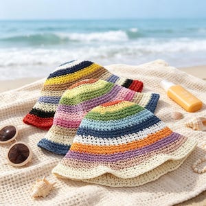 Puede incluir: Tres sombreros de pescador de ganchillo con rayas horizontales en varios colores, incluyendo amarillo, azul, rojo, verde, morado y blanco. Los sombreros están apilados, mostrando el patrón de tejido texturizado y el diseño de ala ancha y ondulada.