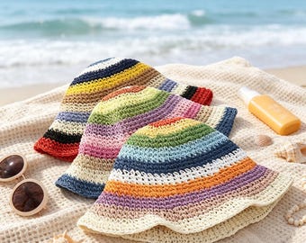 Colorful Stripe Crochet Straw Bucket Hat Rainbow Summer Beach Sun Hat Wide Brim Foldable Boho Festival Hat for Women