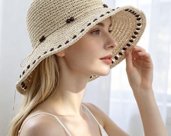 Boho Beaded Straw Sun Hat for Women Packable Wide Brim Beach Hat Minimalist Summer Bucket Hat Travel Holiday Gift