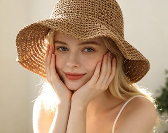Straw Sun Hat Crochet Bucket Hat for Women Summer Beach Holiday Cap Foldable Boho Woven Fisherman Hat Floppy