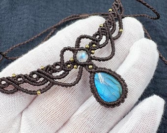 Labradorite Jewelry Set, Couple Bracelet & Necklace, Boho Brown Macrame Choker, Healing Crystal Gift