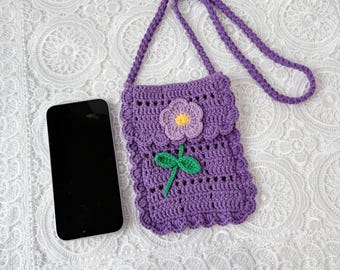 Handmade Purple Crochet Phone Bag, Cute Floral Crossbody Purse, Small Knitted Cell Phone Sleeve, Teen Girl Shoulder Bag, Soft Girl Accessory
