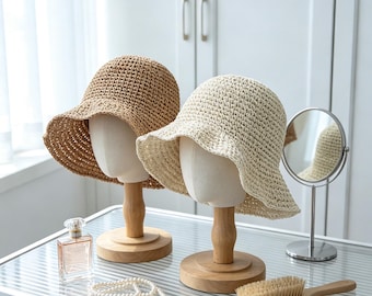 Straw Bucket Hat Packable Summer Beach Sun Hat Woven Crochet Fisherman Cap Boho Wide Brim Sun Protection Hat for Women