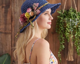Woven Floral Straw Hat, Wide Brim Flower Sun Hat for Women, Cottagecore Summer Beach Hat