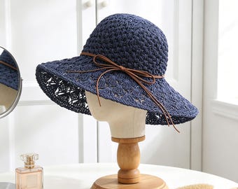 Packable Straw Sun Hat Wide Brim Crochet Beach Hat Foldable Summer Bucket Hat with Bow Womens Sun Protection Travel Hat