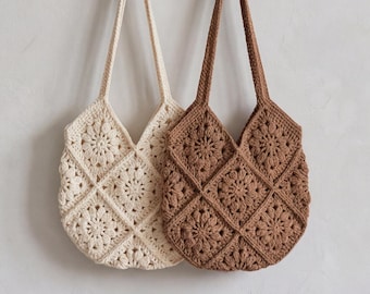Handmade Crochet Tote Bag, Boho Granny Square Purse, Floral Cotton Shoulder Bag, Cottagecore