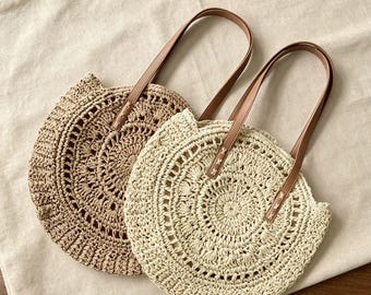 Round Boho Straw Beach Bag Woven Summer Shoulder Bag for Women Circle Crochet Straw Purse Bohemian Vacation Gift