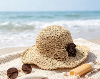Floral Straw Sun Hat Wide Brim Beach Hat Packable Summer Floppy Hat for Women Elegant Garden Party Crochet Bucket Hat Wide Brim  Hat