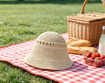 Crochet Straw Bucket Hat for Women Packable Summer Beach Sun Hat Boho Foldable Wide Brim Vacation Travel Hat