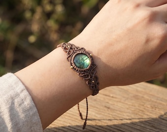 Natural Labradorite Bracelet, Handmade Adjustable Macrame Boho Jewelry Gift for Her
