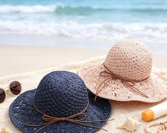 Beach Sun Hat Woven Straw Hat with Ribbon Boho Summer Hat for Women Sun Protection Roll Up Hat Elegant Cruise Bucket Hat