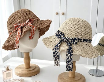 Straw Bucket Hat with Floral Ribbon Packable Crochet Sun Hat for Women Wide Brim Foldable Beach Hat Summer Gift for Her