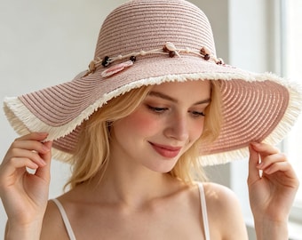 Boho Fringe Straw Sun Hat with Shells Women Summer Beach Hat Wide Brim Packable Floppy Travel Hat Gift for Her