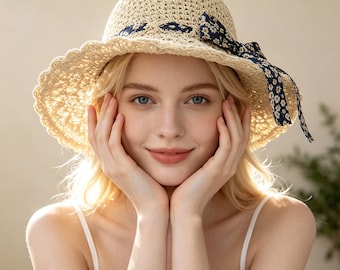 Crochet Straw Sun Hat with Ribbon Tie Foldable Packable Bucket Hat Wide Brim Summer Beach Hat Cottagecore Gift for Her