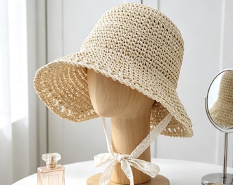 Woven Straw Sun Hat with Lace Ribbon Tie Packable Summer Beach Bucket Hat Foldable Boho Raffia Hat for Women Gift