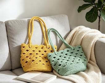 Bohemian Crochet Shoulder Bag Knit Summer Beach Purse Lace Woven Bucket Bag Market Tote