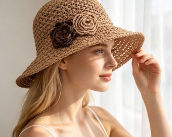 Boho Flower Straw Hat Sun Protection Beach Hat Packable Straw Travel Hat Chic Summer Resort Wear Gift for Her