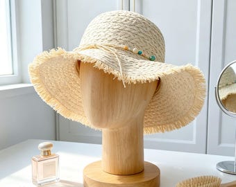 Wide Brim Straw Sun Hat with Shells Fringe Summer Beach Hat for Women Boho Straw Floppy Hat Holiday Gift