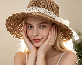 Elegant Lace Ribbon Straw Hat for Women Packable Wide Brim Beach Sunhat Foldable Summer Garden Hat Gift for Her