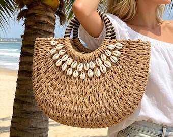 Straw Beach Bag with Cowrie Shells Half Moon Woven Tote Summer Raffia Purse Handmade Crochet Handbag Beige Brown Holiday Gift