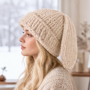 May include: A cream-colored beanie made of thick, plush chenille yarn. The hat features a wide, folded ribbed cuff and two long, soft, dangling ear-like appendages extending from the top, creating a textured, fuzzy appearance throughout.