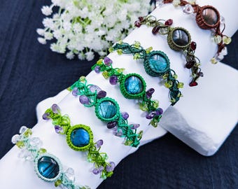Labradorite Crystal Bracelet, Macrame Adjustable Sliding Knot, Amethyst Garnet Peridot Clear Quartz, Boho Gift for Her
