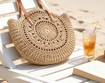 Circle Straw Purse Woven Beach Tote Bag Summer Holiday Paper Shoulder Bag Trendy Boho Handbag Gift for Her