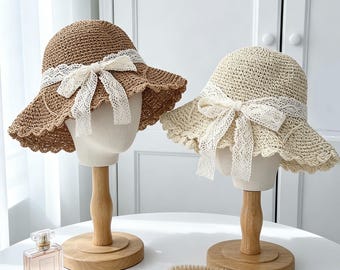 Wide Brim Straw Sun Hat with Elegant Lace Bow Foldable Straw Beach Hat for Women Packable Summer Travel Hat