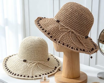 Minimalist Straw Summer Sun Hat with Beads Wide Brim Boho Beach Hat Packable Crochet Straw Bucket Hat Gift for Her