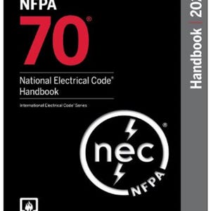 May include: A black handbook with the text "NFPA 70" in red, "National Electrical Code Handbook", and "Handbook 2026". A white circular logo with "nec" and lightning bolts is also visible.