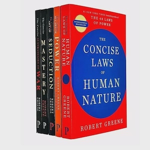 May include: A collection of five books by Robert Greene, including The Concise Laws of Human Nature, The Concise 48 Laws of Power, The Concise Art of Seduction, Mastery, and The Concise 33 Strategies of War, featuring red, orange, and black covers.