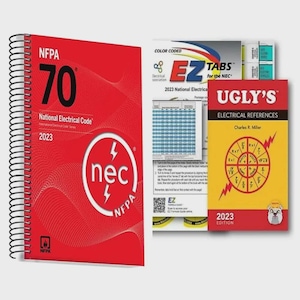 May include: A collection of electrical reference books. The main book is red with "NFPA 70 National Electrical Code 2023" on the cover. Other books include "EZ Tabs for the NEC" and "Ugly's Electrical References 2023 Edition".