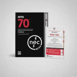 May include: The NFPA 70 National Electrical Code Handbook 2026 edition is a black book with red text and a white circular logo featuring the letters nec and lightning bolts. Beside it is a white package of index tabs with red and white text.