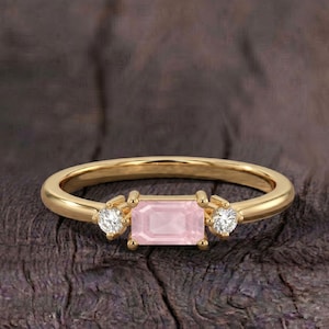 Rose Quartz Baguette Ring in Gold Filled Finish, Romantic Pink Jewelry Ring