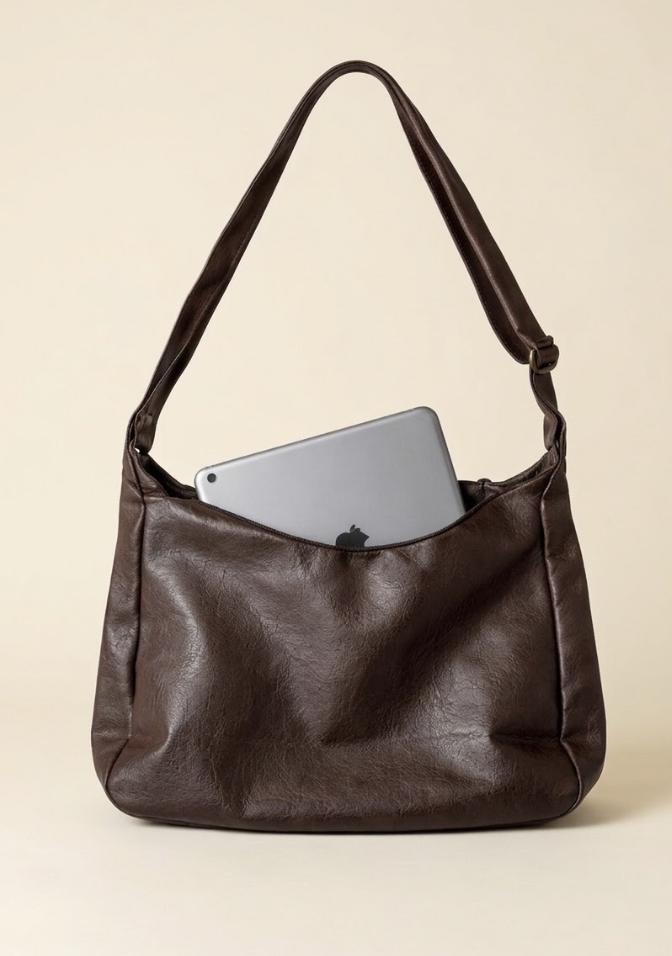 Dark Brown Faux Leather Slouchy Hobo Bag - Minimalist Vertical Shoulder Crossbody