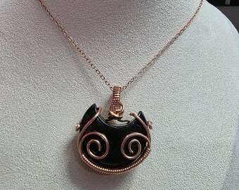 Obsidian and Copper Cat Pendant